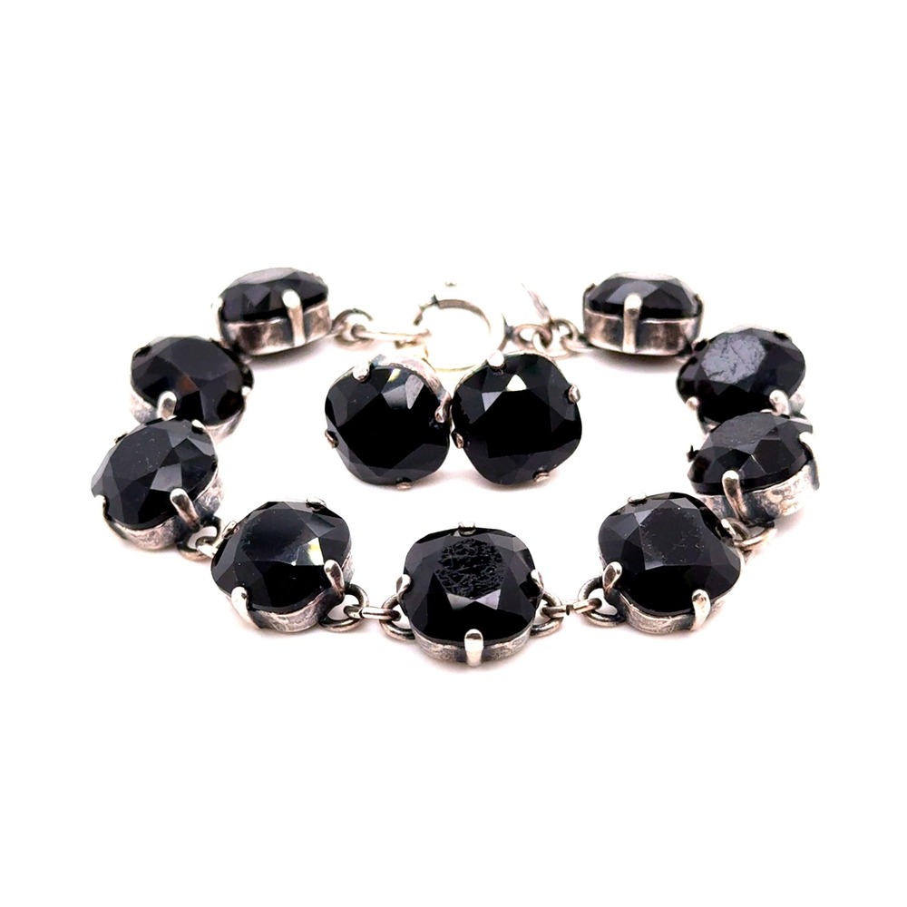 Catherine Popesco Black Crystal Bracelet and Stud Earrings Set Silver Tone 7in